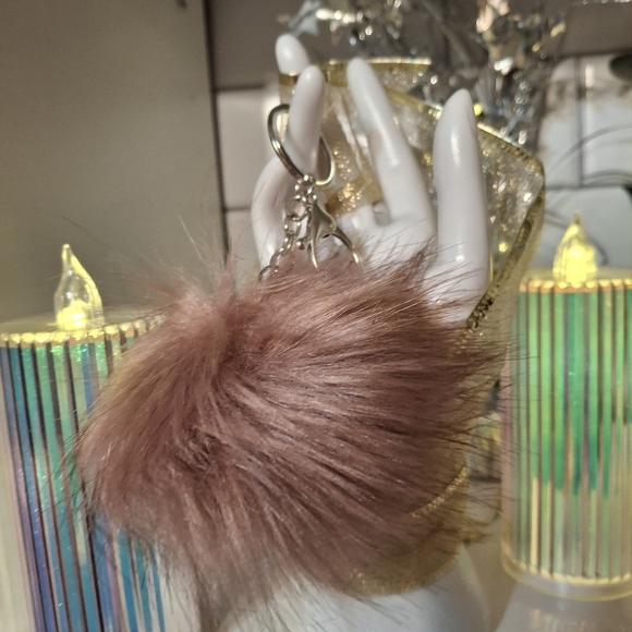 Faux Fur Pom Pom Bag Charm Keyring. Luxury Handmade Bag Jewelry Dusty Rose Pink - Picture 2 of 3